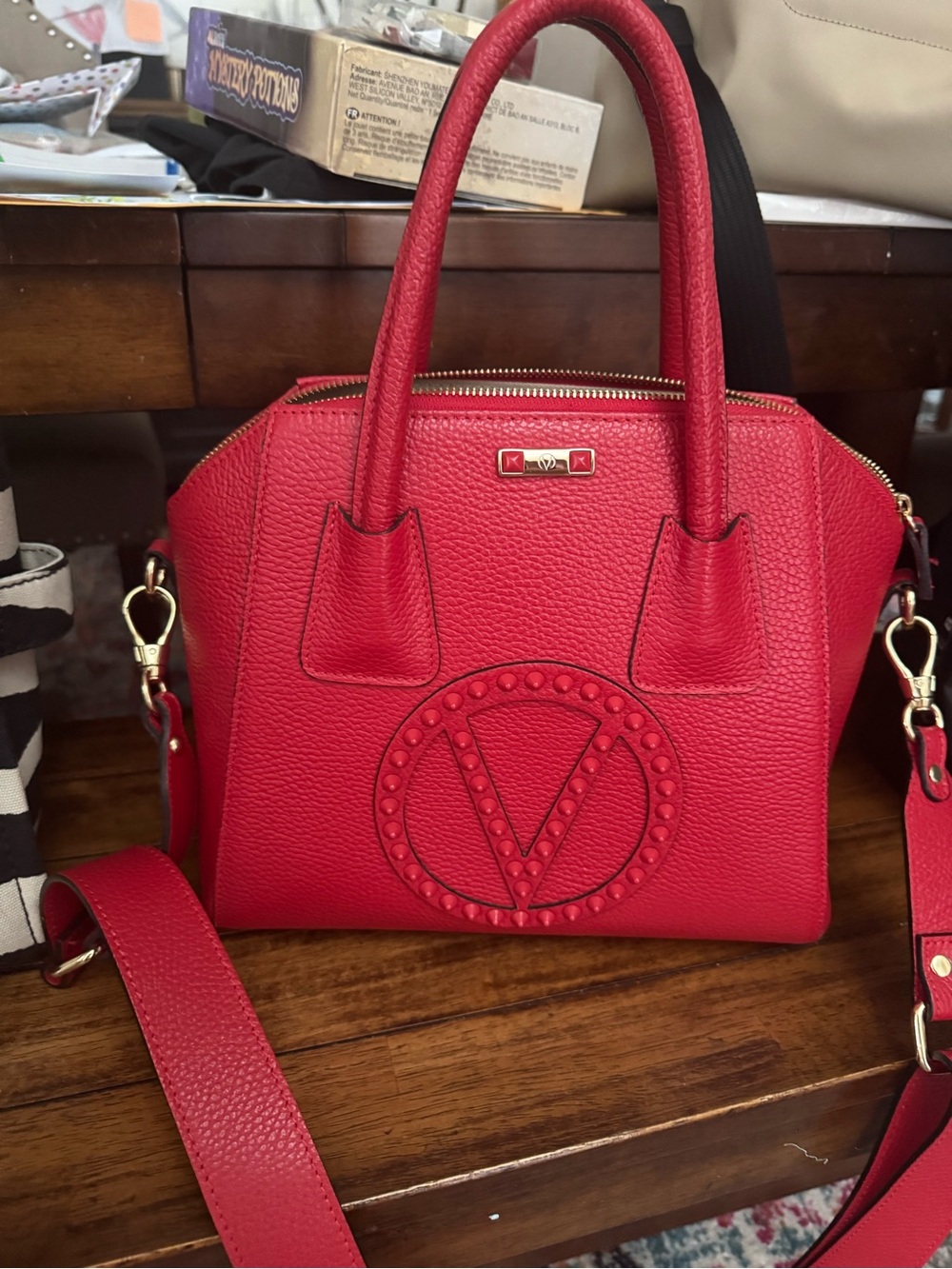 Valentino Red Pebbled Leather Top-Handle Satchel with Detachable Strap